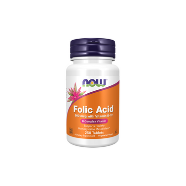 A bottle of Now Foods Folic Acid 800 mcg with Vitamin B-12, 250 tablets, supports homocysteine management and a healthy metabolism.